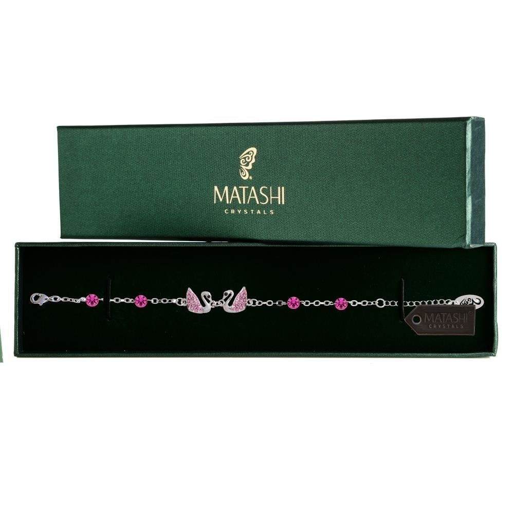 Rhodium Plated Bracelet With Loving Swans Design With Lobster Clasp And High Quality Rose Crystals By Matashi
