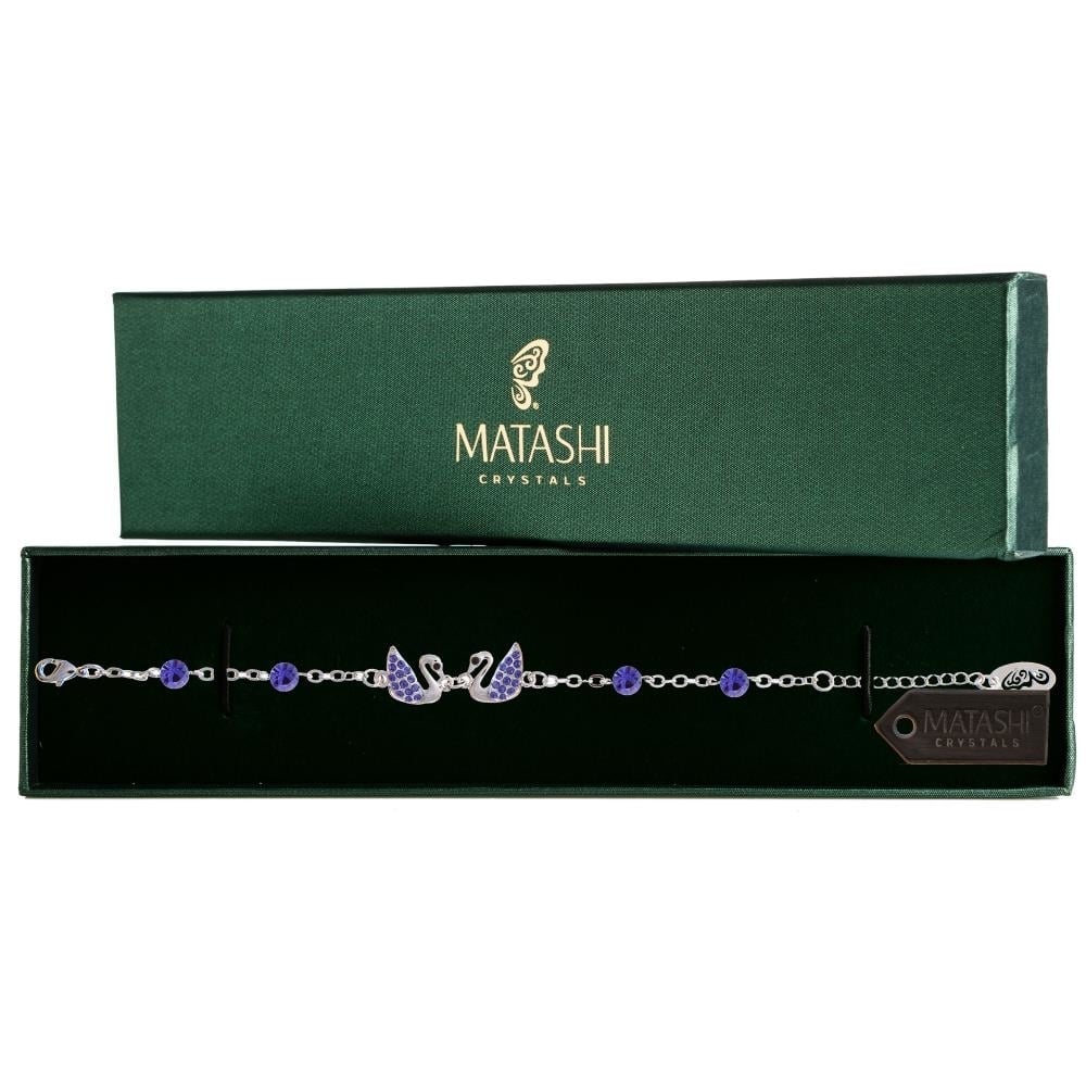 Rhodium Plated Bracelet With Loving Swans Design With Lobster Clasp And High Quality Purple Crystals By Matashi