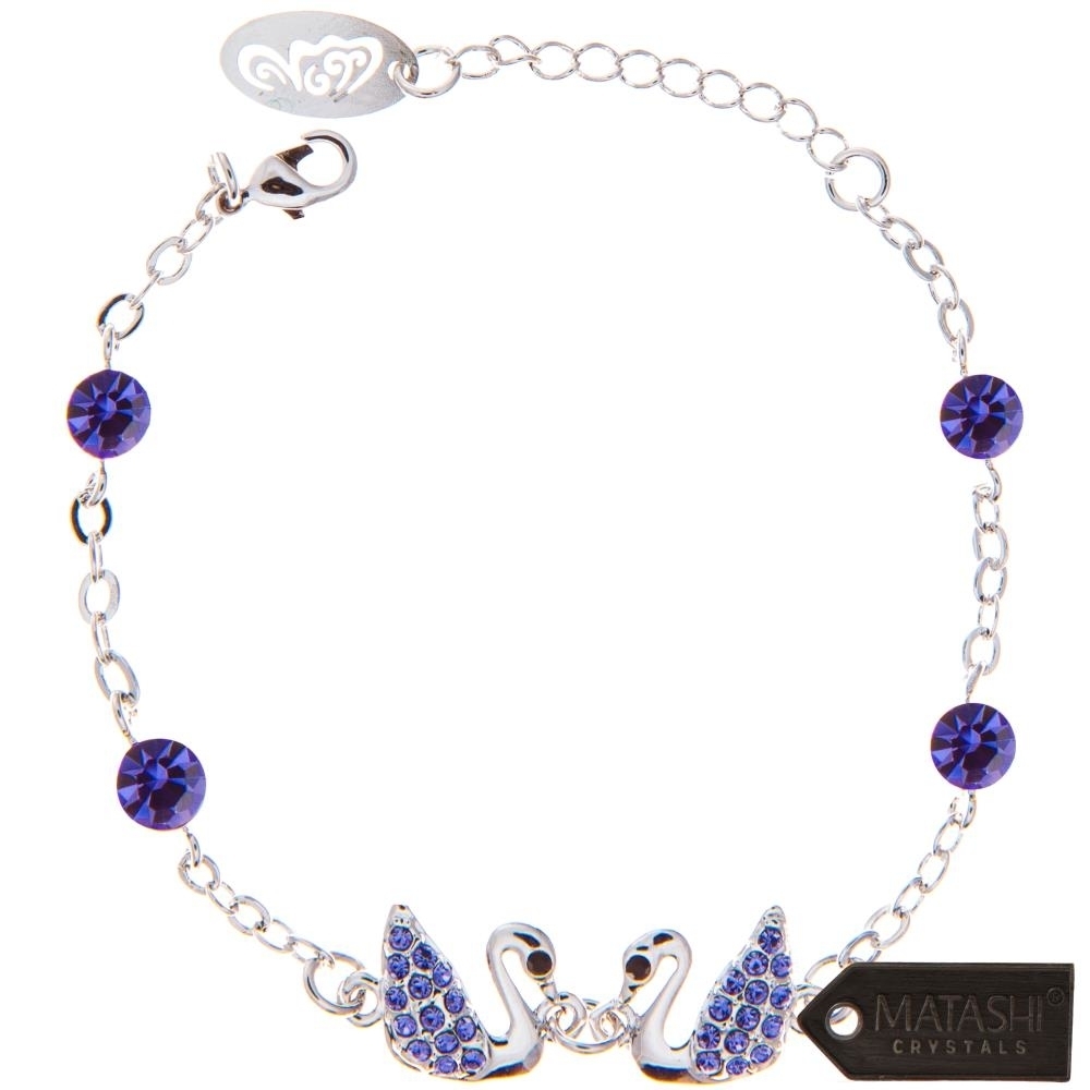 Rhodium Plated Bracelet With Loving Swans Design With Lobster Clasp And High Quality Purple Crystals By Matashi