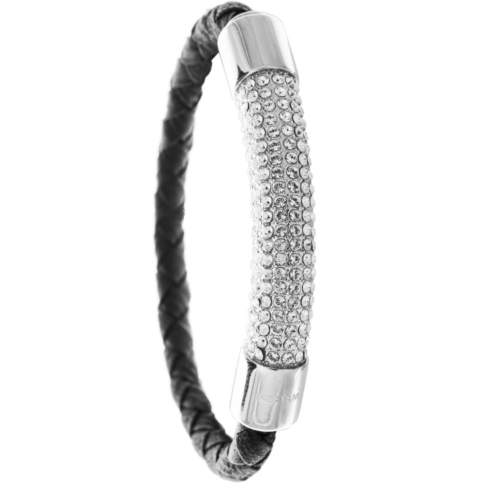 18K White Gold Plated Bracelet With A Glittering Crystals Designed Segment On A Black Corded Band With A Magnetic Clasp
