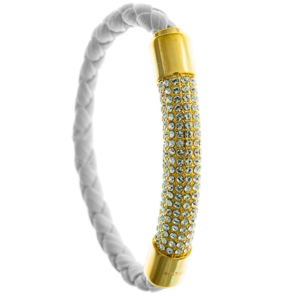 18K Gold Plated Bracelet With A Glittering Crystals Designed Segment On A White Corded Band With A Magnetic Clasp Made
