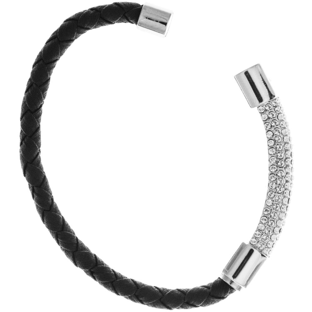 18K White Gold Plated Bracelet With A Glittering Crystals Designed Segment On A Black Corded Band With A Magnetic Clasp
