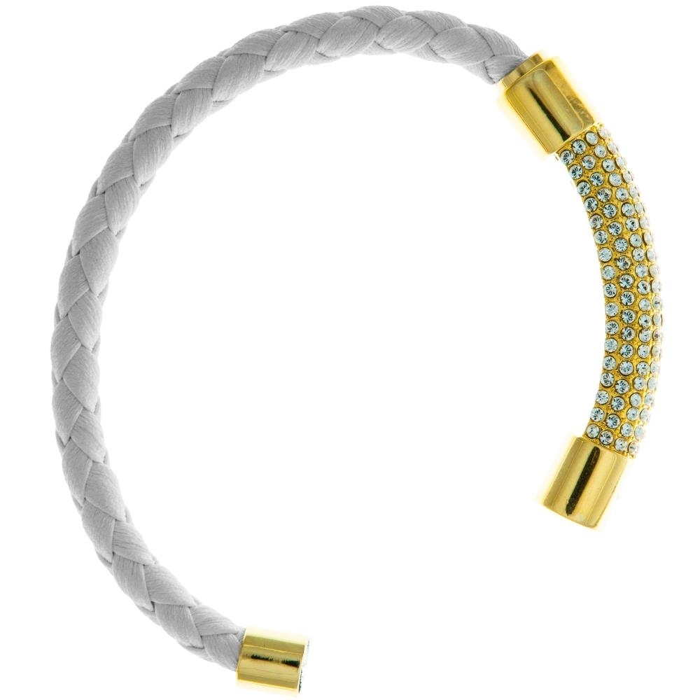 18K Gold Plated Bracelet With A Glittering Crystals Designed Segment On A White Corded Band With A Magnetic Clasp Made