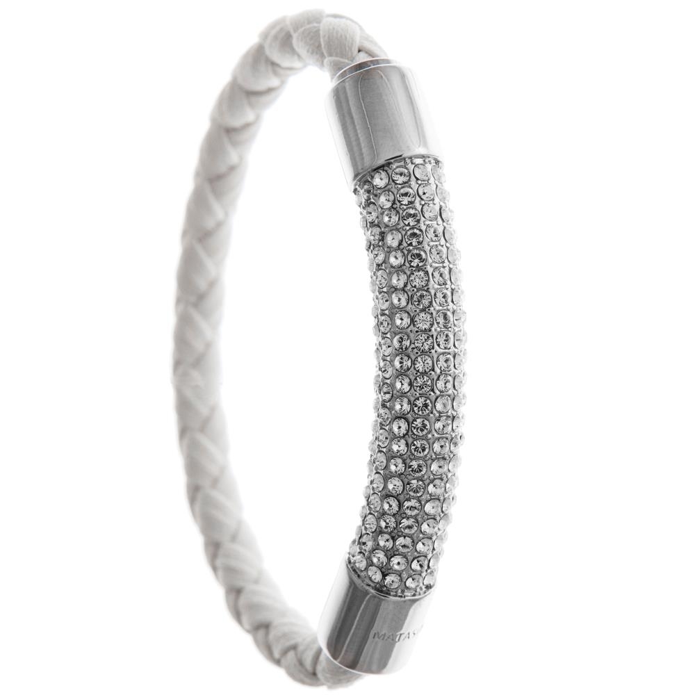 18K White Gold Plated Bracelet With A Glittering Crystals Designed Segment On A White Corded Band With A Magnetic Clasp