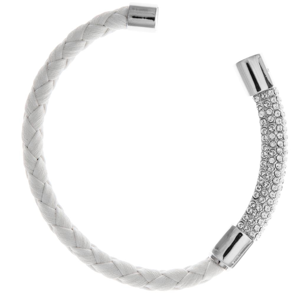 18K White Gold Plated Bracelet With A Glittering Crystals Designed Segment On A White Corded Band With A Magnetic Clasp