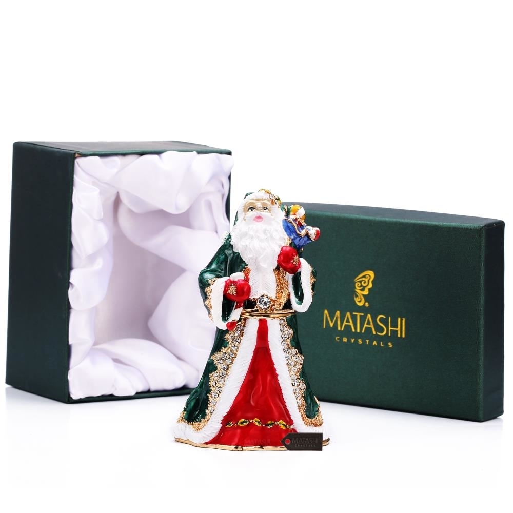 Hand Painted Gift Bearing Santa Ornament/Trinket Box Embellished With 24K Gold And High Quality Crystals By Matashi