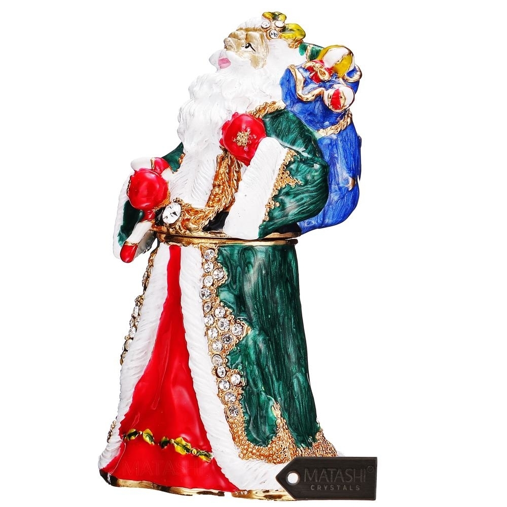 Hand Painted Gift Bearing Santa Ornament/Trinket Box Embellished With 24K Gold And High Quality Crystals By Matashi