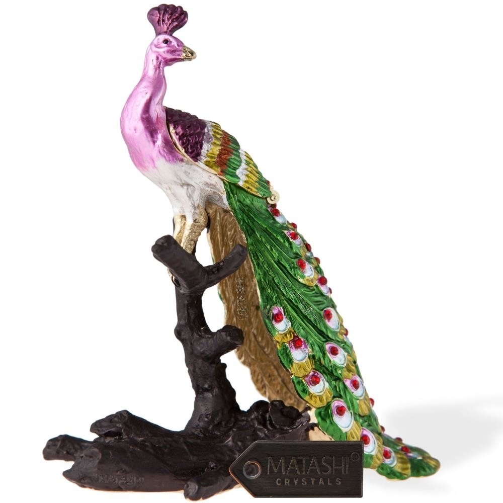 Hand Painted Regal Peacock On A Perch Ornament/Trinket Box Embellished With 24K Gold And High Quality Crystals By Matashi
