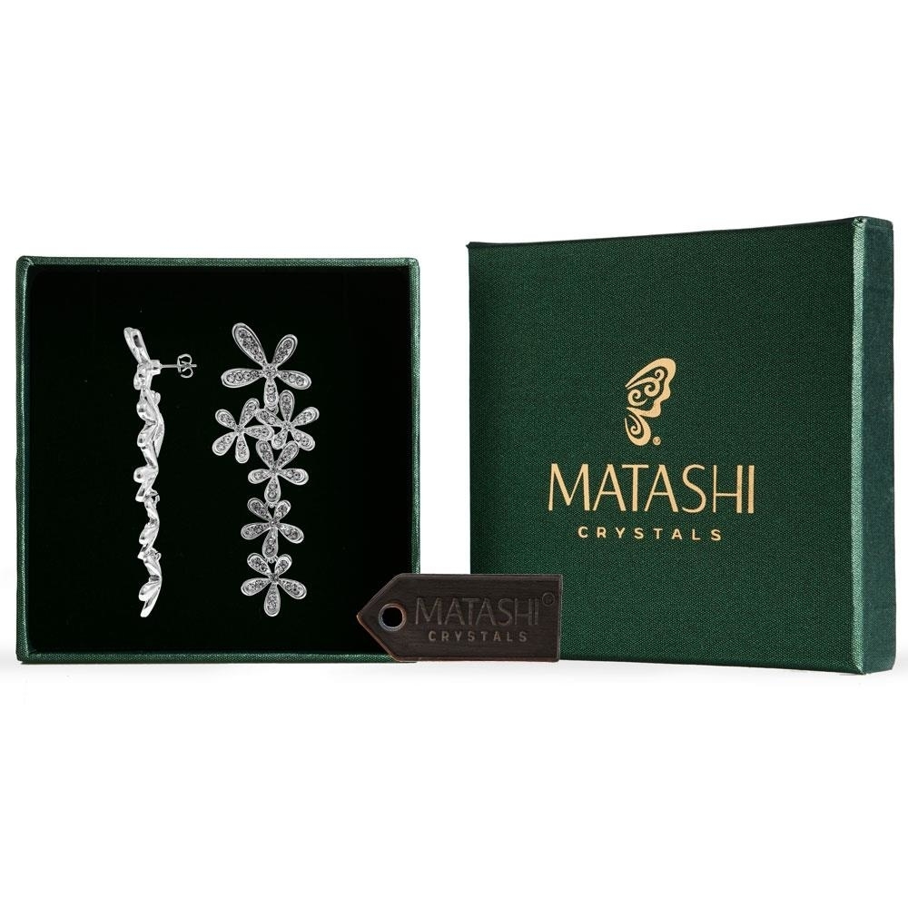 Rhodium Plated Earrings With Flower Chain Design And High Quality Crystals By Matashi