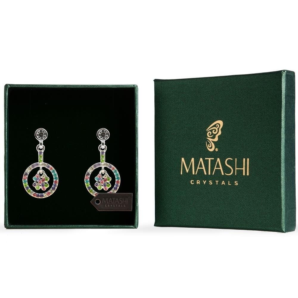 Rhodium Plated Earrings With Round 'Lucky Four Leaf Clover' Design And High Quality Multi Colored Crystals By Matashi
