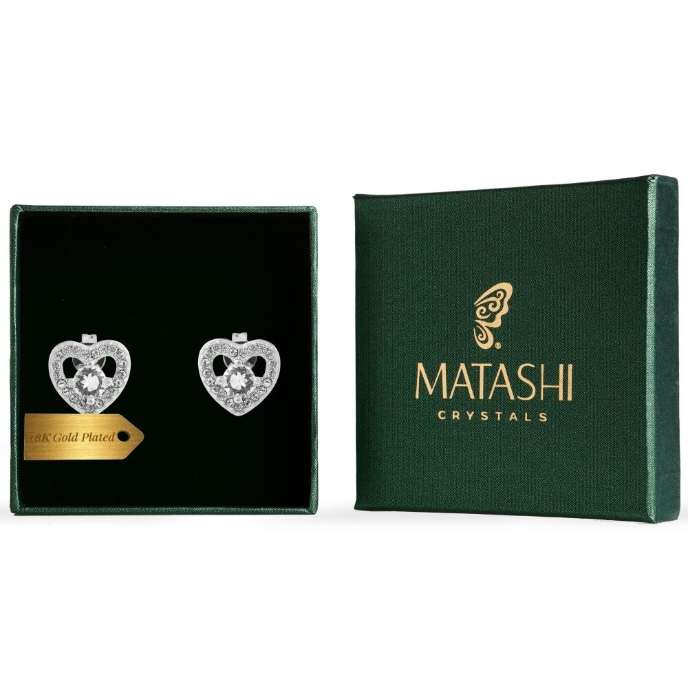 18K White Gold Plated Stud Earrings With A Crystal Centered Heart Design And High Quality Crystals By Matashi