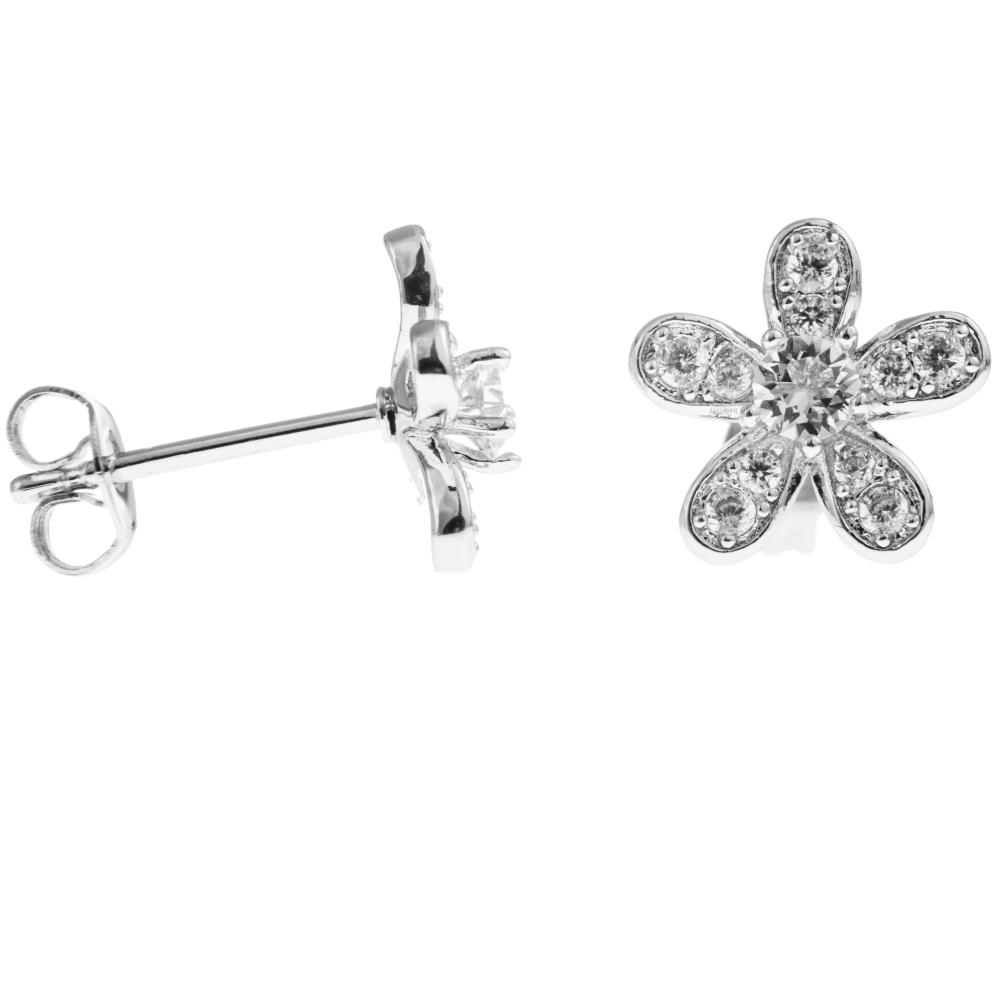 18K White Gold Plated Stud Earrings With 'Delicate 5 Petalled Flower' Design And High Quality Crystals By Matashi