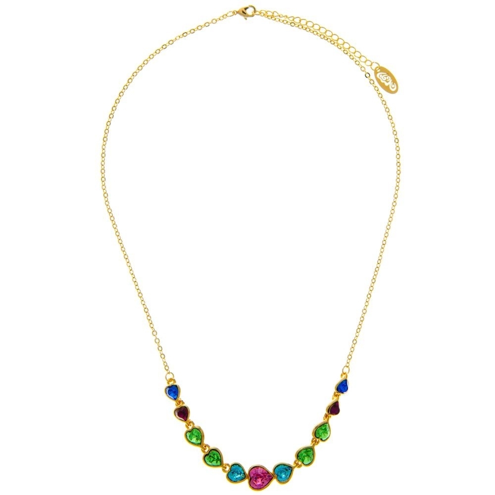 Champagne Gold Plated Necklace With String Of Hearts Design With 14 Extendable Chain And High Quality Multicolored Crystals By Matashi