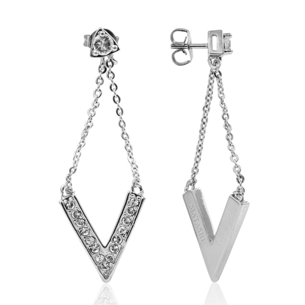 18K White Gold Plated Delta V Design Stud Earrings With Sparkling Clear Crystals By Matashi