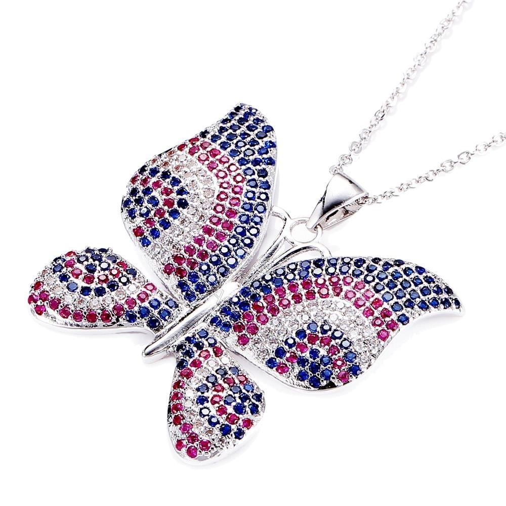 Rhodium Plated Butterfly Necklace With Pink Blue And Clear CZ Stones By Matashi