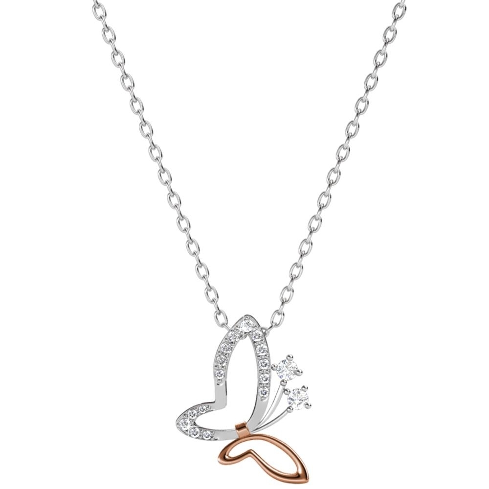 White Gold And Rose Gold Plated Butterfly Pendant Necklace With Clear Crystals By Matashi