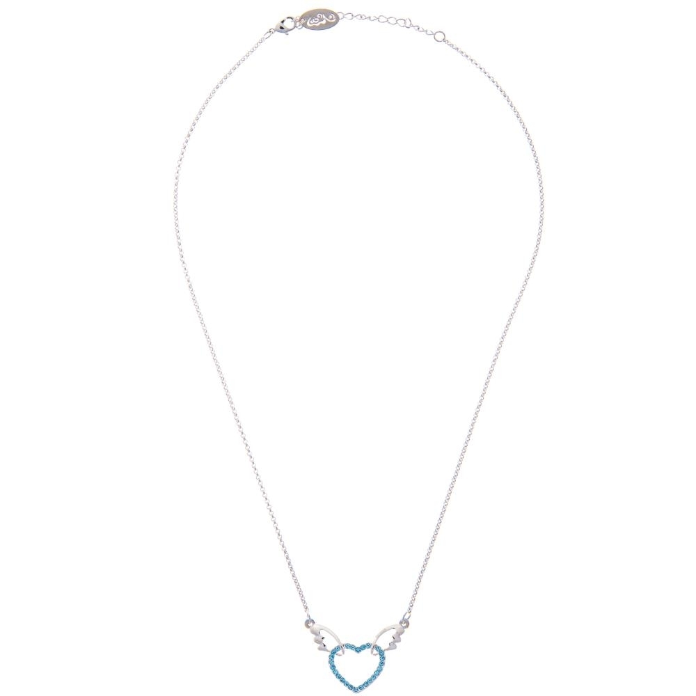 Rhodium Plated Necklace With Winged Heart Design With A 16 Extendable Chain And High Quality Ocean Blue Crystals By Matashi