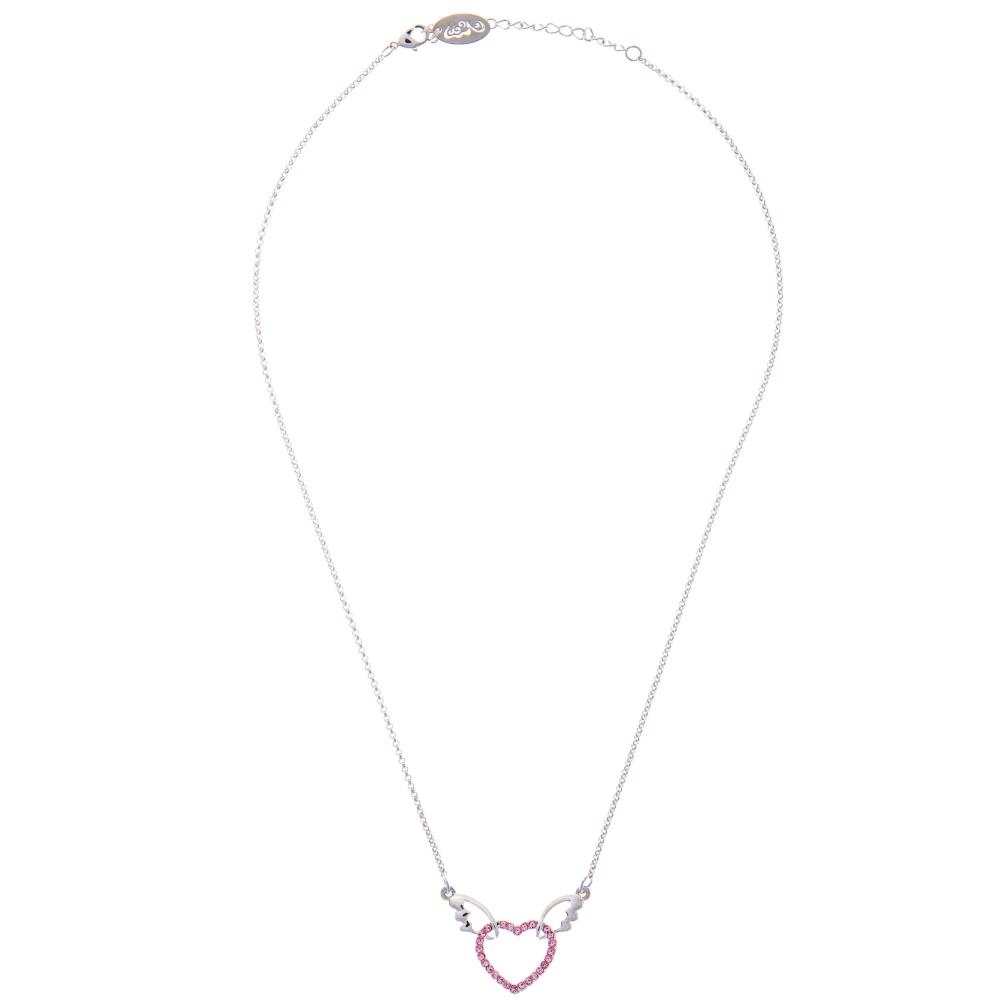 Rhodium Plated Necklace With Winged Heart Design With A 16 Extendable Chain And High Quality Pink Crystals By Matashi