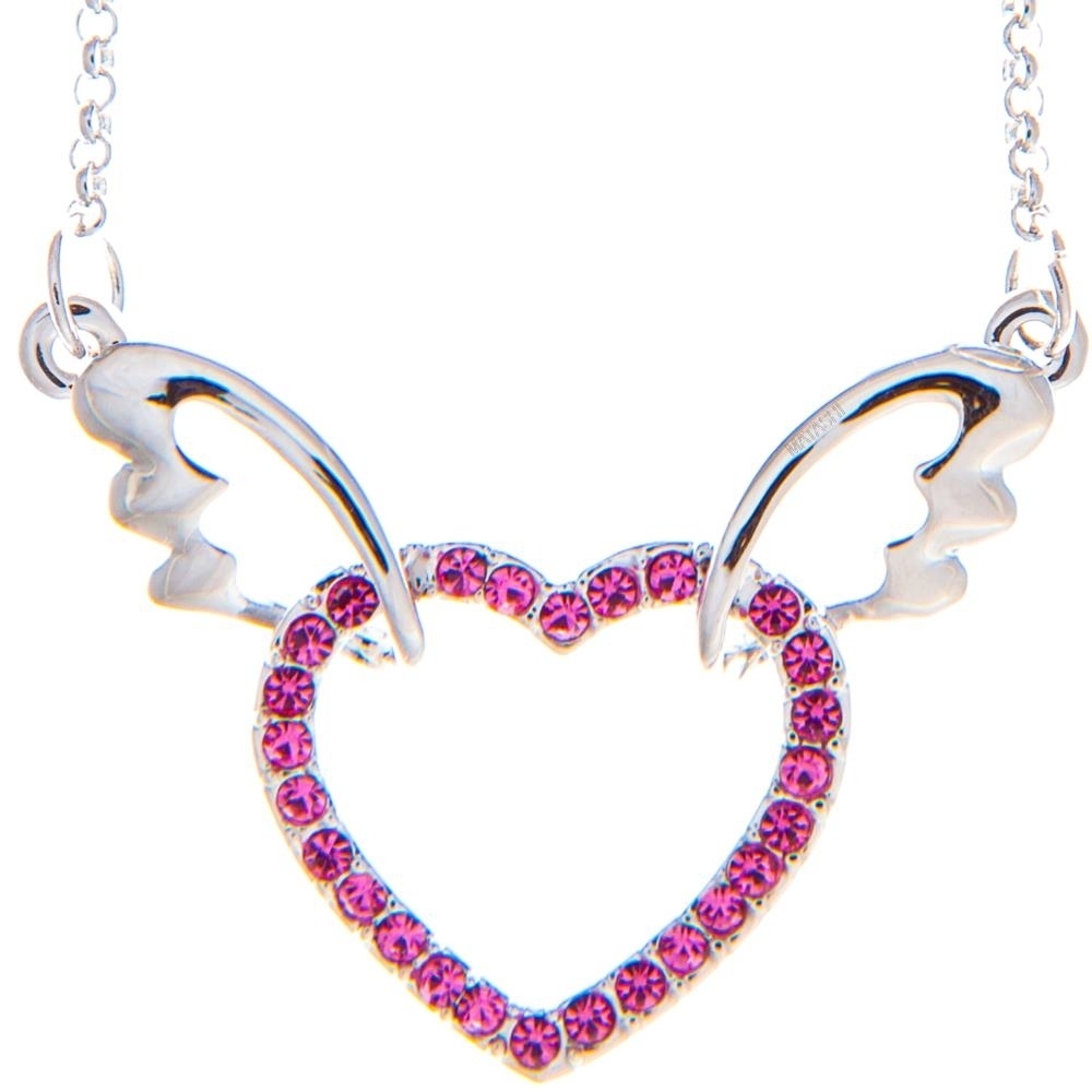 Rhodium Plated Necklace With Winged Heart Design With A 16 Extendable Chain And High Quality Rose Crystals By Matashi