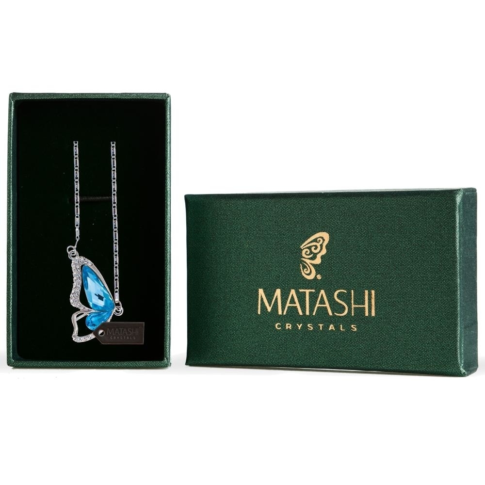 Rhodium Plated Necklace With Butterfly Wing Design With A 16 Extendable Chain And High Quality Ocean Blue Crystals By Matashi