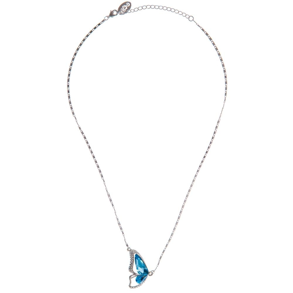 Rhodium Plated Necklace With Butterfly Wing Design With A 16 Extendable Chain And High Quality Ocean Blue Crystals By Matashi