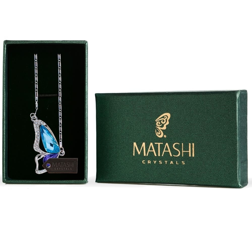 Rhodium Plated Necklace With Butterfly Wing Design With A 16 Extendable Chain And High Quality Purple And Blue Crystals By Matashi