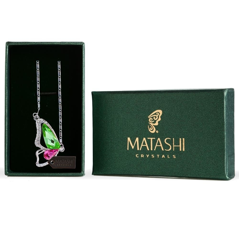 Rhodium Plated Necklace With Butterfly Wing Design With A 16 Extendable Chain And High Quality Pink And Green Crystals By Matashi