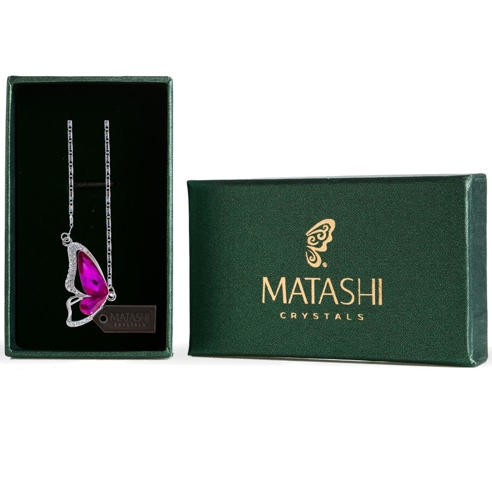 Rhodium Plated Necklace With Butterfly Wing Design With A 16 Extendable Chain And High Quality Amaranth Colored Crystals By Matashi