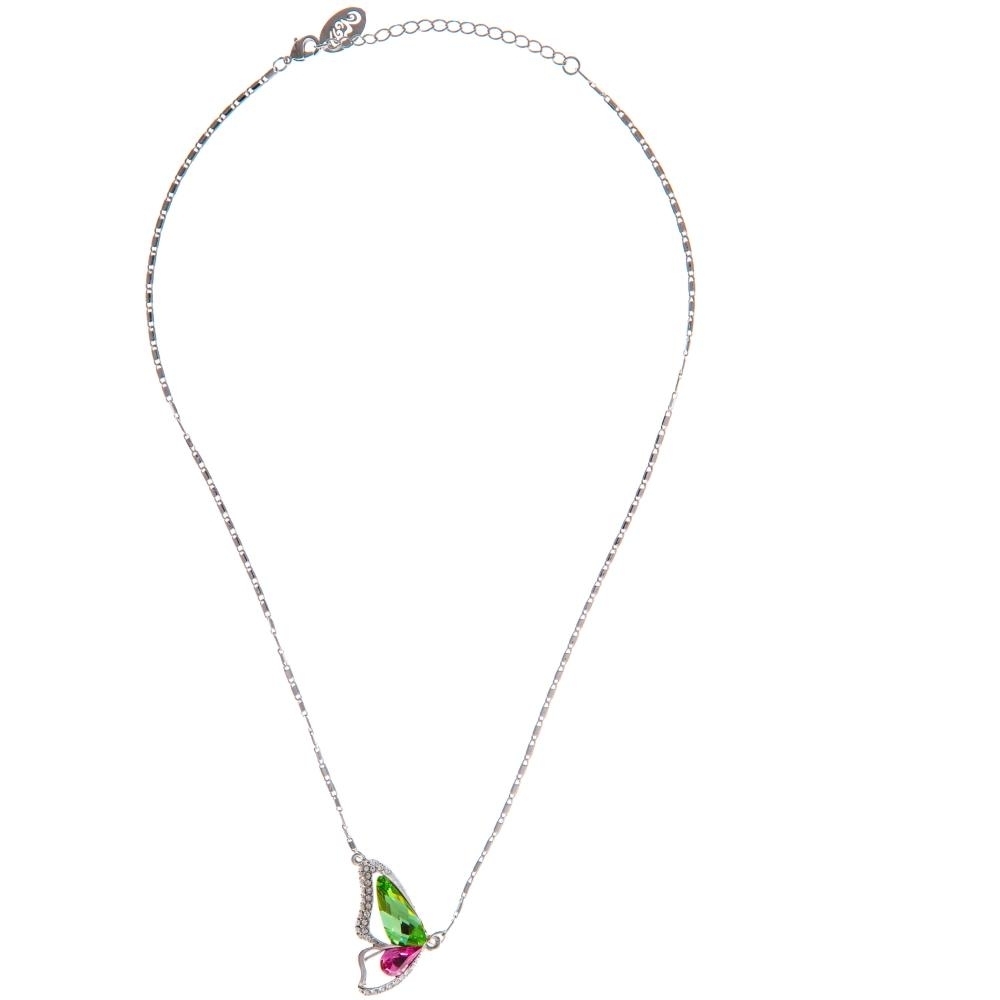 Rhodium Plated Necklace With Butterfly Wing Design With A 16 Extendable Chain And High Quality Pink And Green Crystals By Matashi