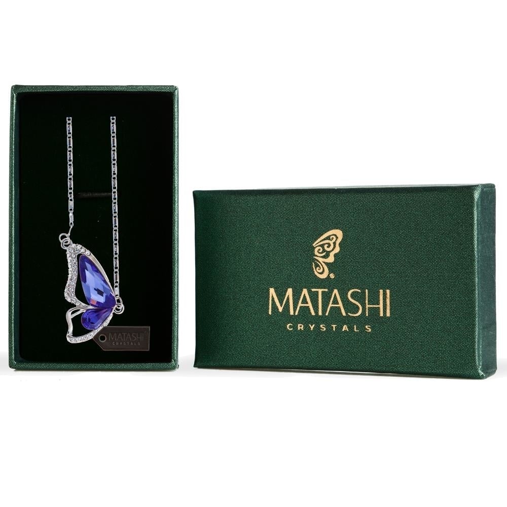Rhodium Plated Necklace With Butterfly Wing Design With A 16 Extendable Chain And High Quality Purple Crystals By Matashi