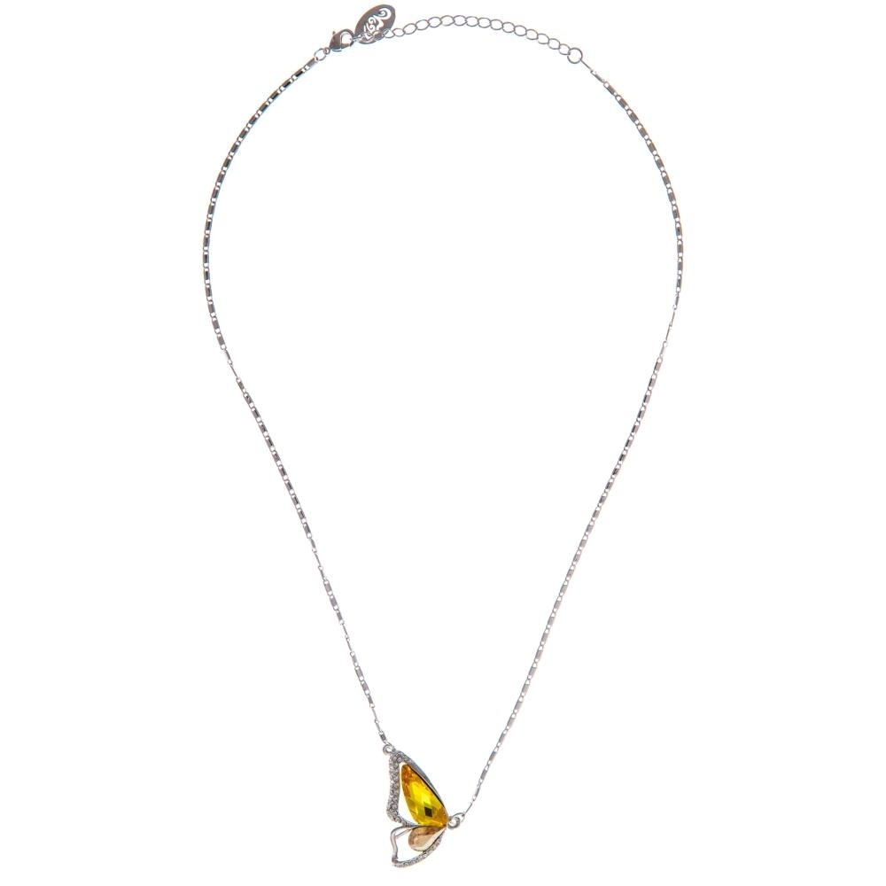 Rhodium Plated Necklace With Butterfly Wing Design With A 16 Extendable Chain And High Quality Yellow Crystals By Matashi