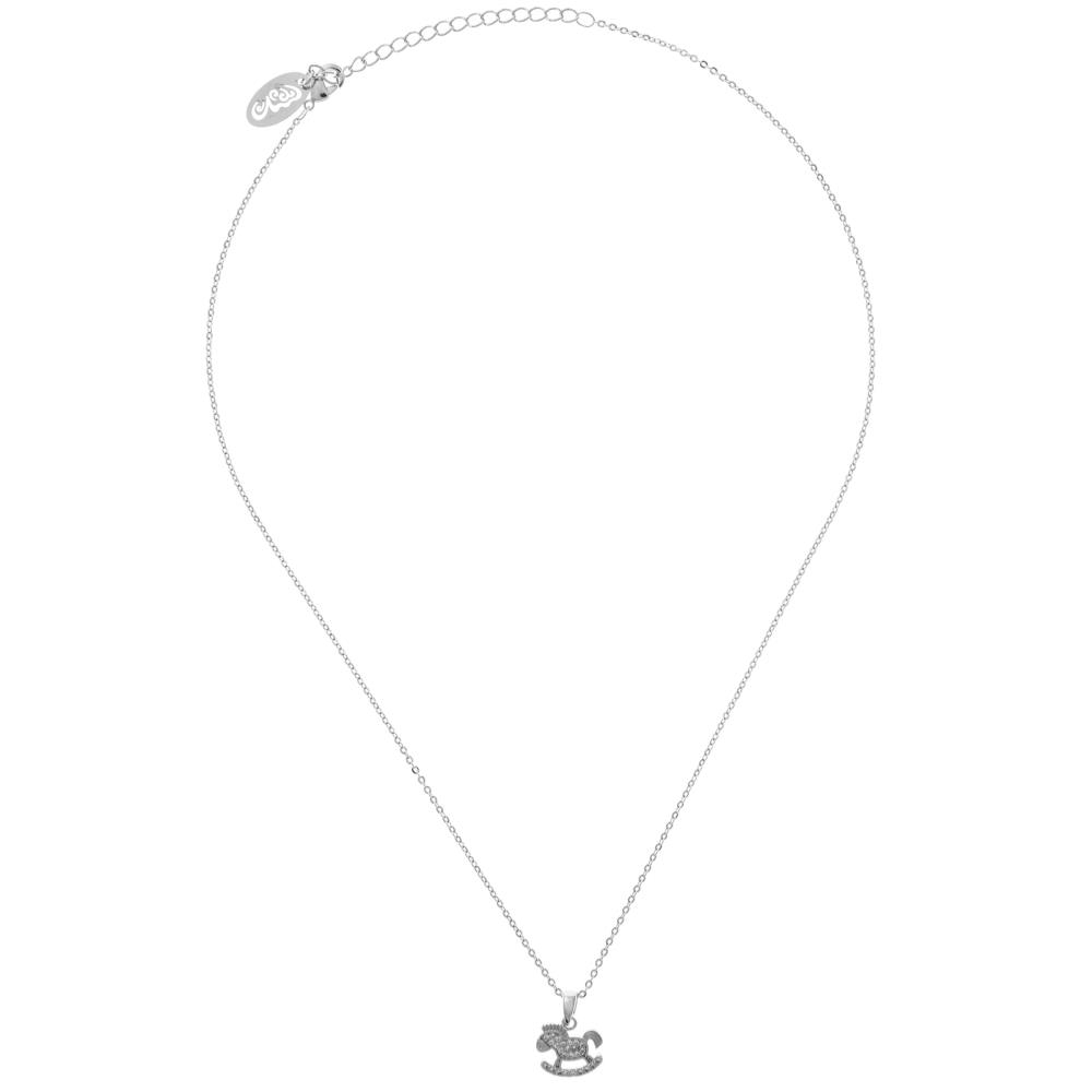 Rhodium Plated Necklace With Rocking Horse Design With A 16 Extendable Chain And High Quality Clear Crystals By Matashi