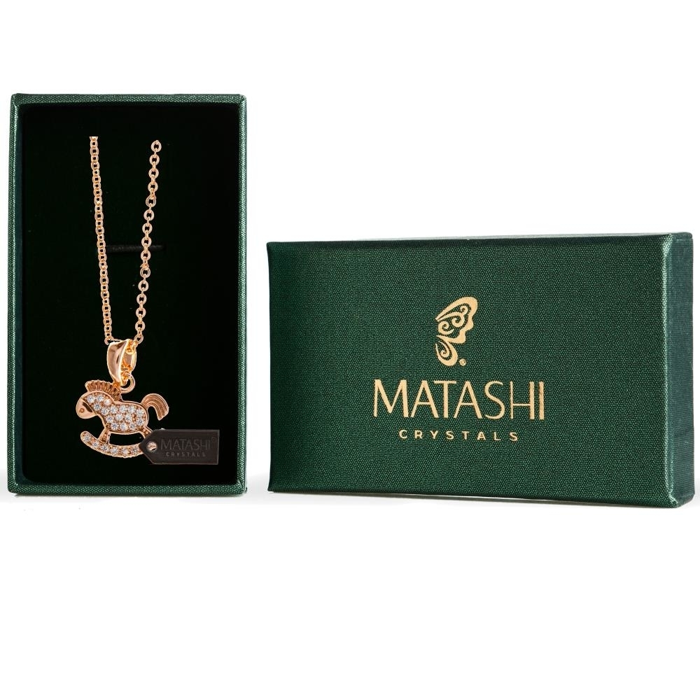 Rose Gold Plated Necklace With Rocking Horse Design With A 16 Extendable Chain And High Quality Crystals By Matashi