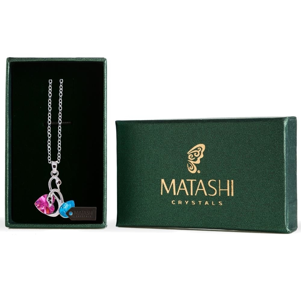 Rhodium Plated Necklace With Loving Swans Design With A 16 Extendable Chain And High Quality Rose And Ocean Blue Crystals By Matashi