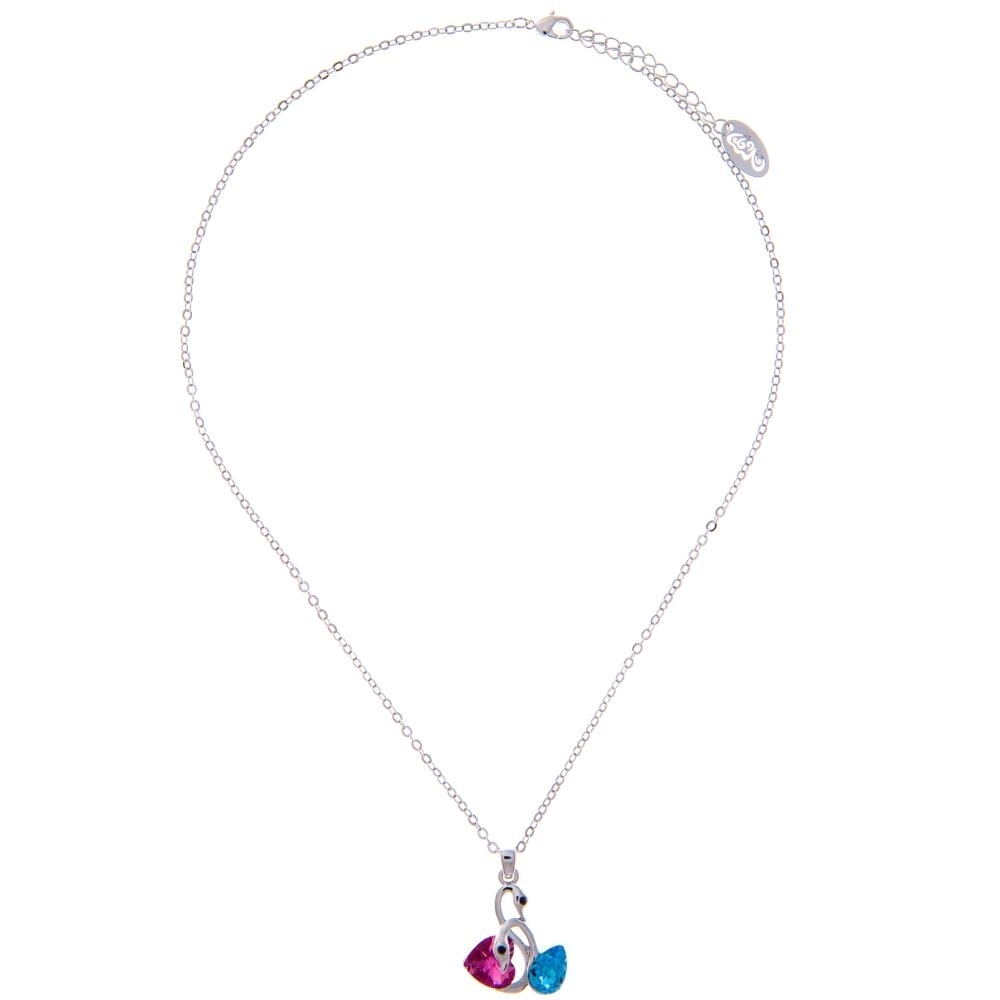 Rhodium Plated Necklace With Loving Swans Design With A 16 Extendable Chain And High Quality Rose And Ocean Blue Crystals By Matashi
