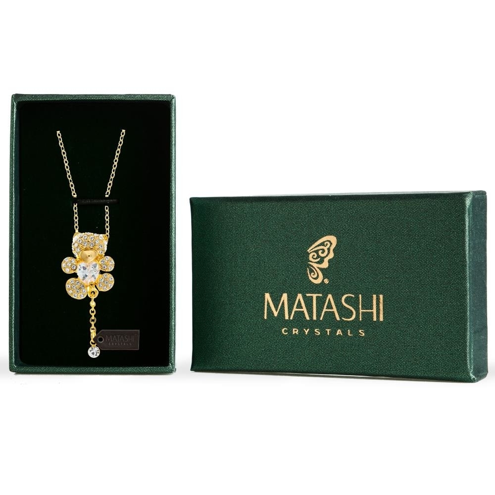 Champagne Gold Plated Necklace With Teddy Bear Design With A 16 Extendable Chain And High Quality Clear Crystals By Matashi
