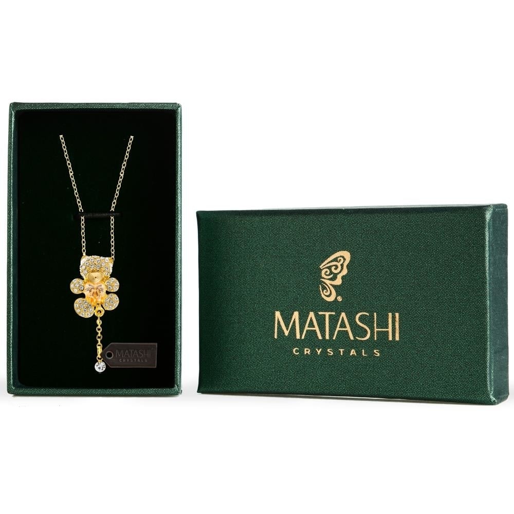 Champagne Gold Plated Necklace With Teddy Bear Design With A 16 Extendable Chain And High Quality Gold Tinted Crystals By Matashi