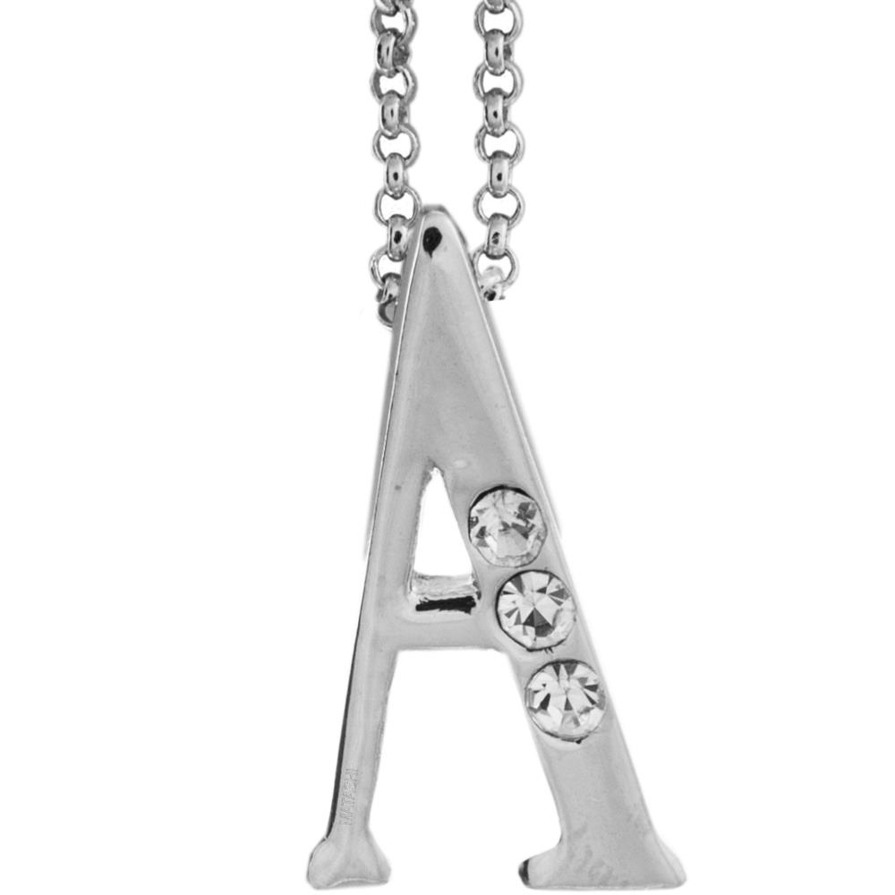 Rhodium Plated Necklace With Personalized Letter A Initial Design With A 16 Extendable Chain And High Quality Clear Crystals By Matashi