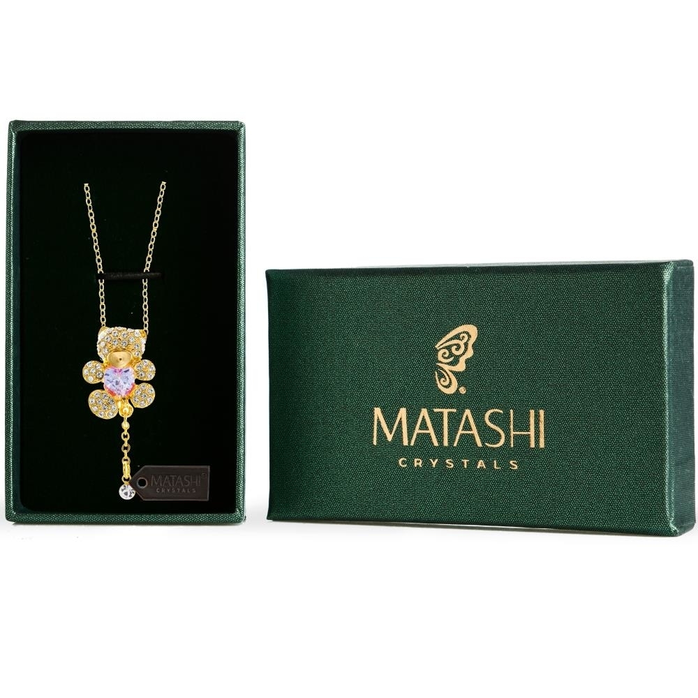 Champagne Gold Plated Necklace With Teddy Bear Design With A 16 Extendable Chain And High Quality Purple Crystals By Matashi