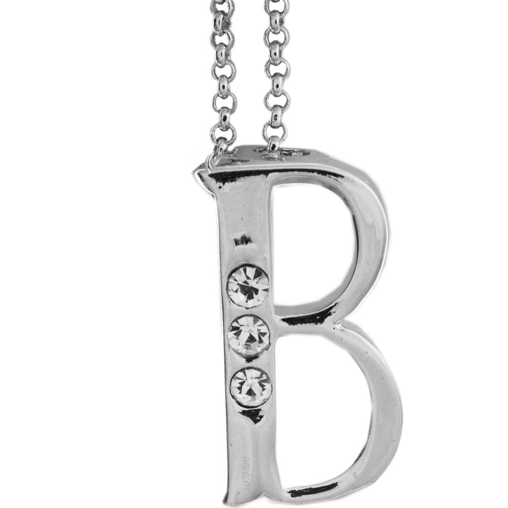 Rhodium Plated Necklace With Personalized Letter B Initial Design With A 16 Extendable Chain And High Quality Clear Crystals By Matashi