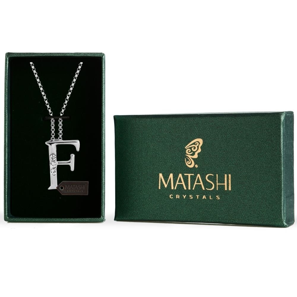 Rhodium Plated Necklace With Personalized Letter F Initial Design With A 16 Extendable Chain And High Quality Clear Crystals By Matashi
