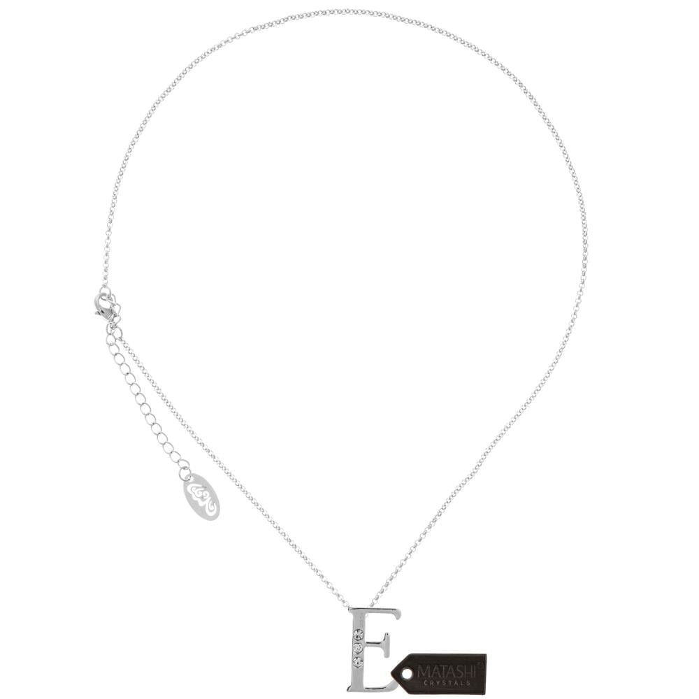 Rhodium Plated Necklace With Personalized Letter E Initial Design With A 16 Extendable Chain And High Quality Clear Crystals By Matashi