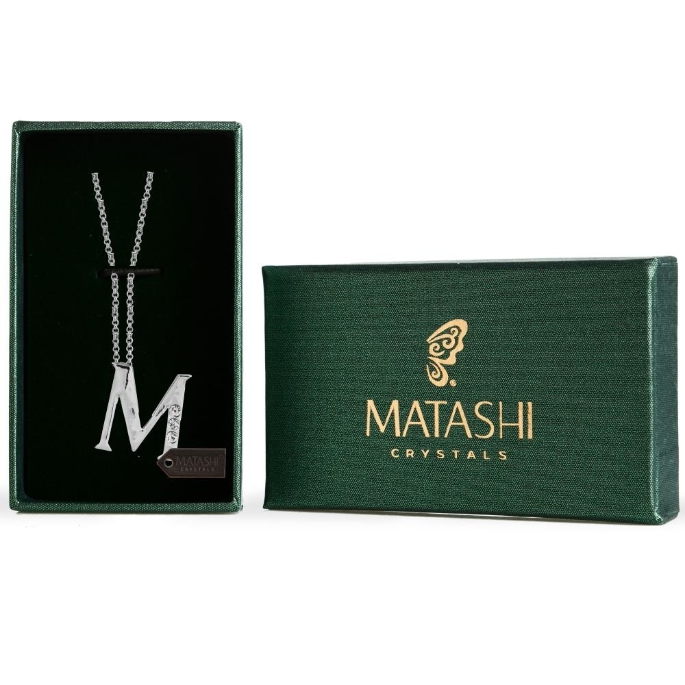 Rhodium Plated Necklace With Personalized Letter M Initial Design With A 16 Extendable Chain And High Quality Clear Crystals By Matashi