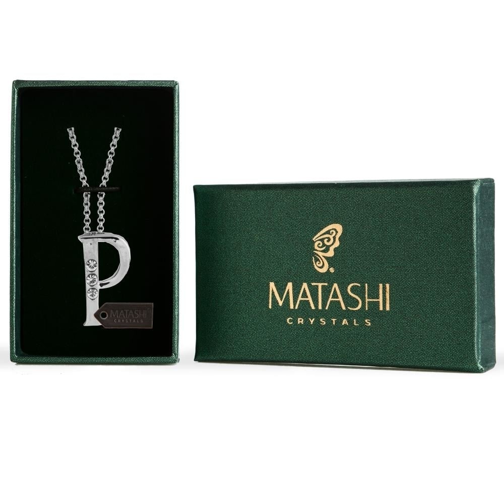 Rhodium Plated Necklace With Personalized Letter P Initial Design With A 16 Extendable Chain And High Quality Clear Crystals By Matashi