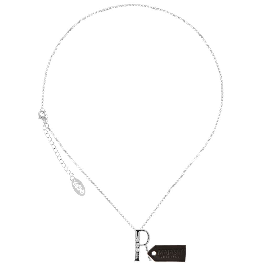 Rhodium Plated Necklace With Personalized Letter R Initial Design With A 16 Extendable Chain And High Quality Clear Crystals By Matashi