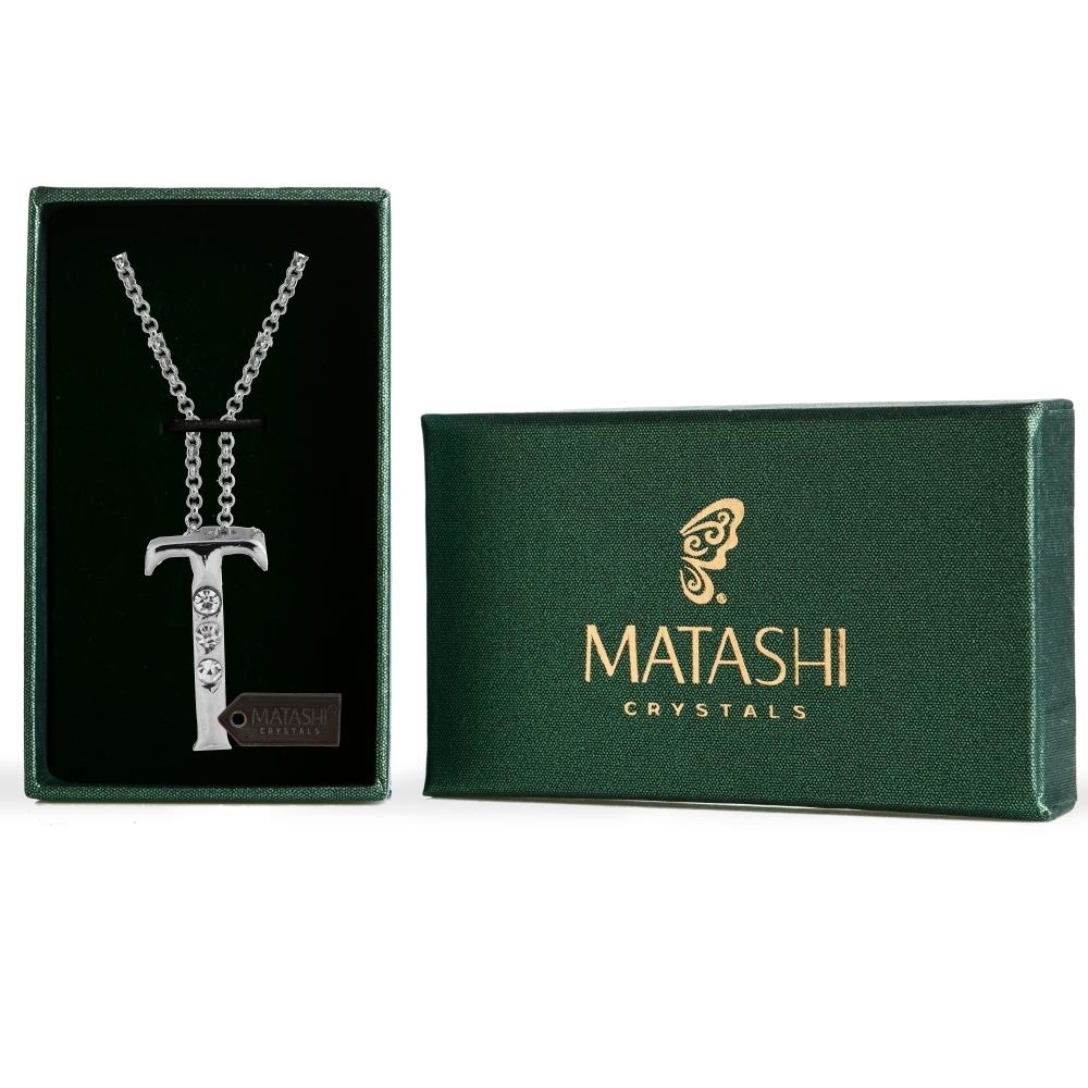 Rhodium Plated Necklace With Personalized Letter T Initial Design With A 16 Extendable Chain And High Quality Clear Crystals By Matashi