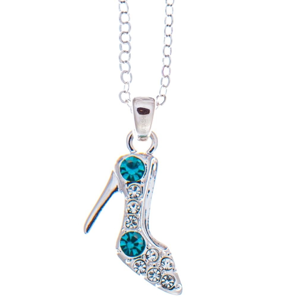 Rhodium Plated Necklace With Stiletto Shoe Design With A 16 Extendable Chain And High Quality Blue And Clear Crystals By Matashi