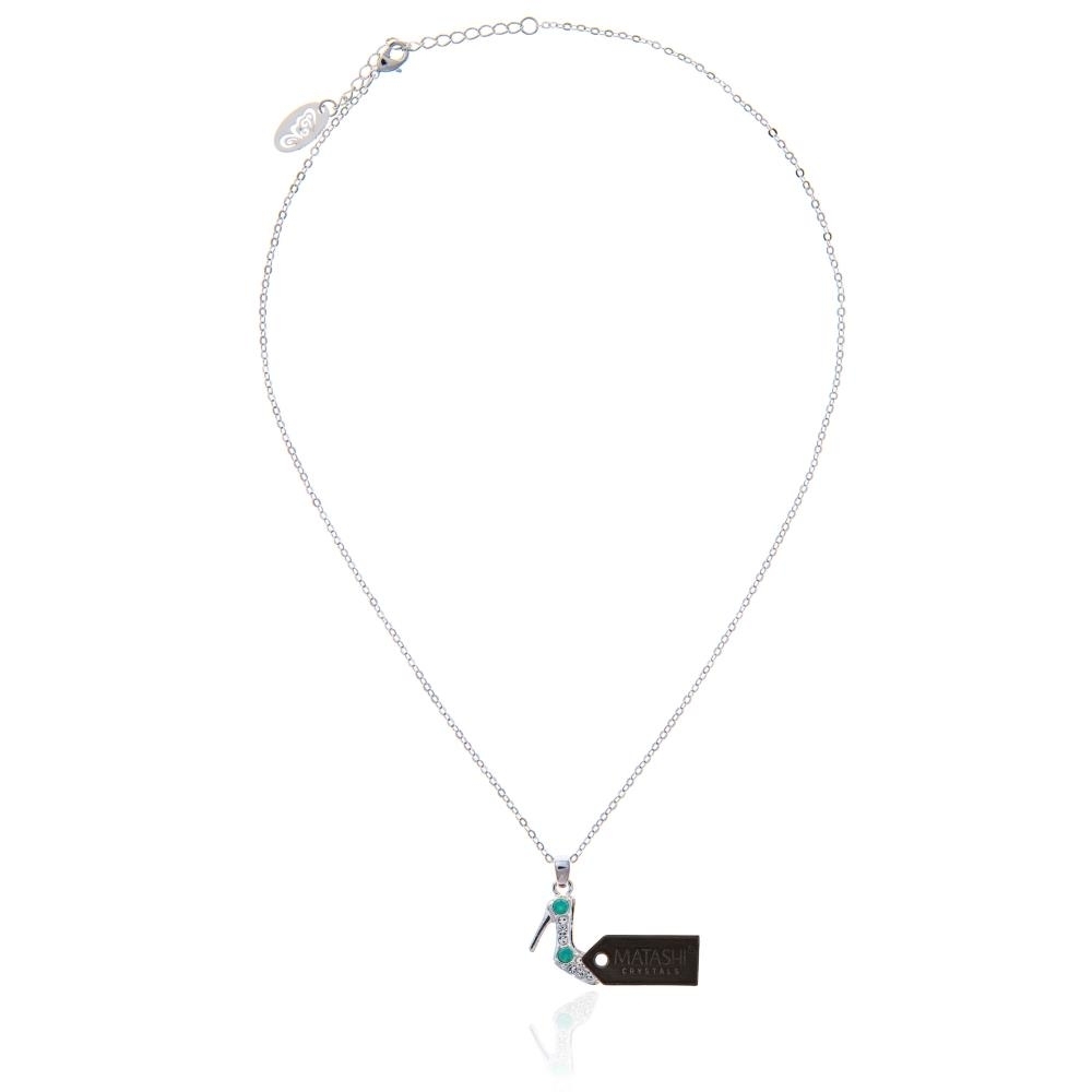 Rhodium Plated Necklace With Stiletto Shoe Design With A 16 Extendable Chain And High Quality Ocean Blue Crystals By Matashi