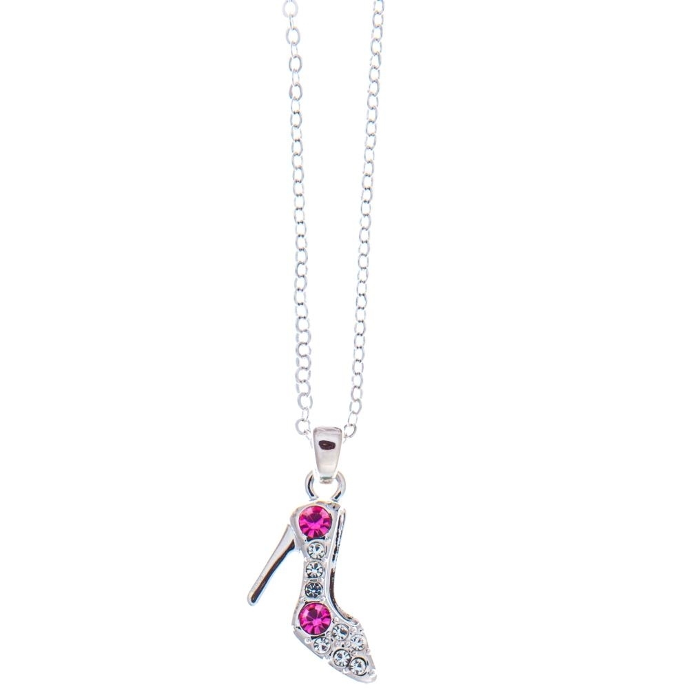 Rhodium Plated Necklace With Stiletto Shoe Design With A 16 Extendable Chain And High Quality Rose Red And Clear Crystals By Matashi