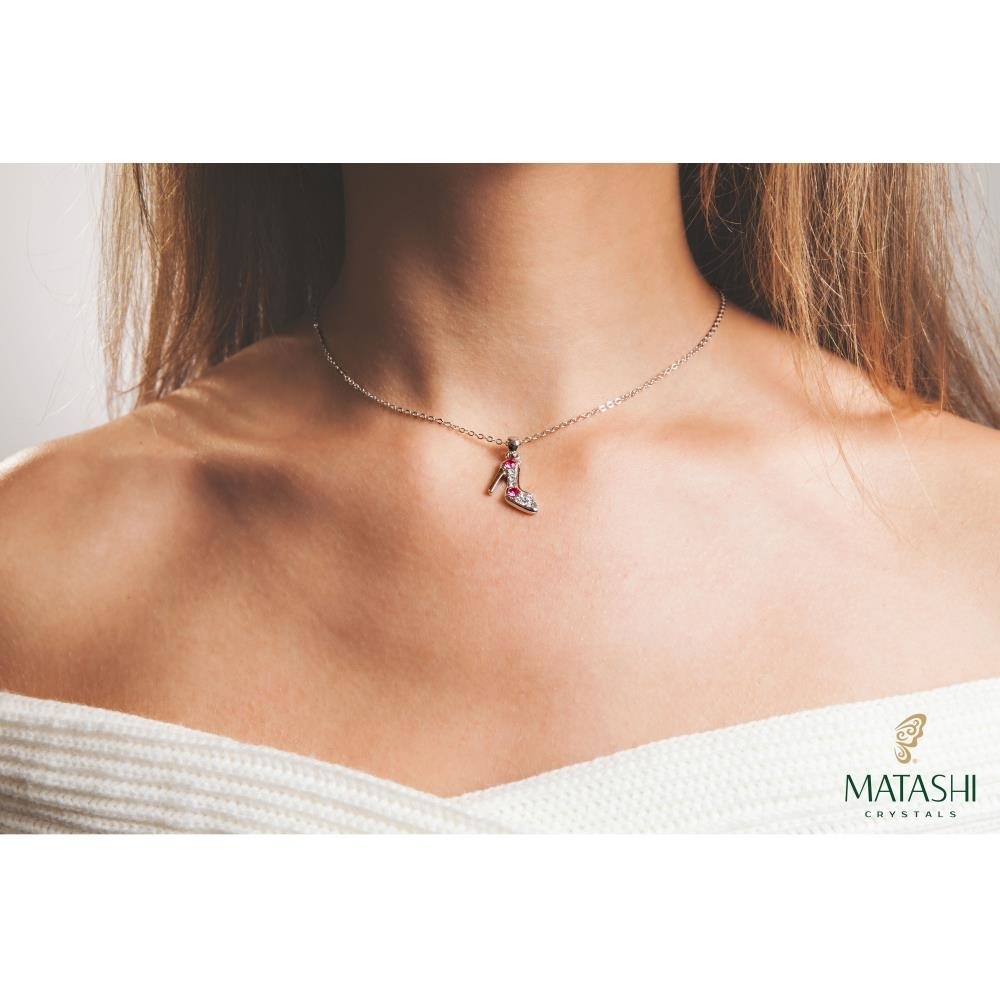 Rhodium Plated Necklace With Stiletto Shoe Design With A 16 Extendable Chain And High Quality Rose Red And Clear Crystals By Matashi